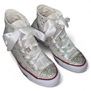 Crystals Diamond & Pearls High Top Converse Sizes 5-14 New With Ribbon Laces